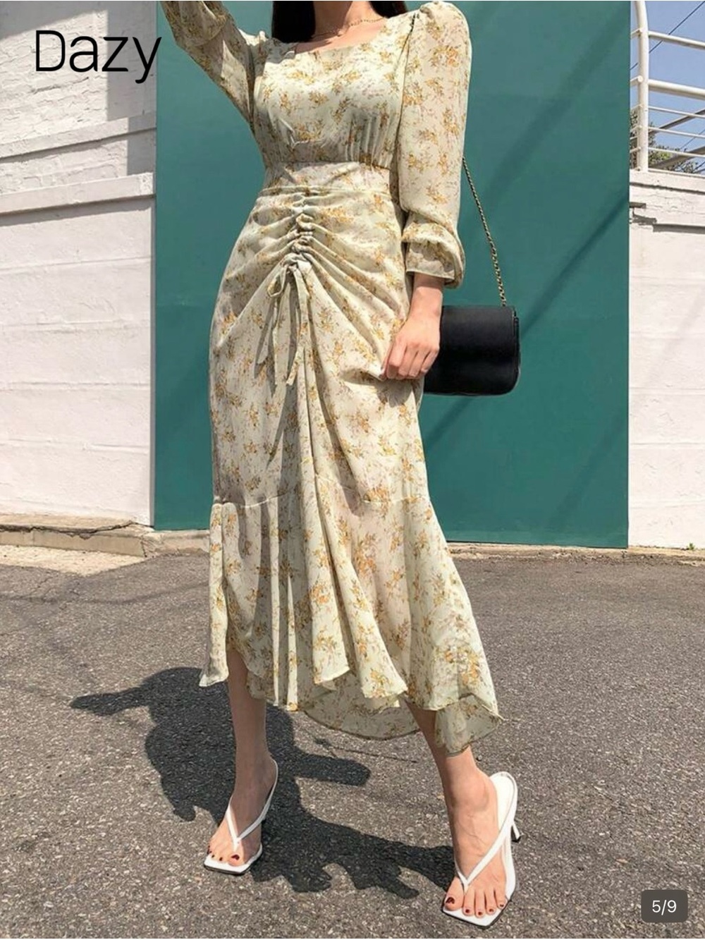 Light Floral Ruched Midi Dress - light mint and Cream Color
